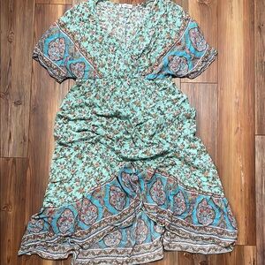 Midi High Low Ruffled Sundress Multicolored Batwing Sleeve Cris-Cross Too. Sz XL